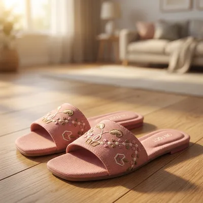 Women's Pink Threadwork Casual Slides Size 36-41 thumbnail 3