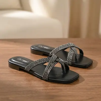 Crystal Cross Strap Flat Slides - 068 - Black  thumbnail 3