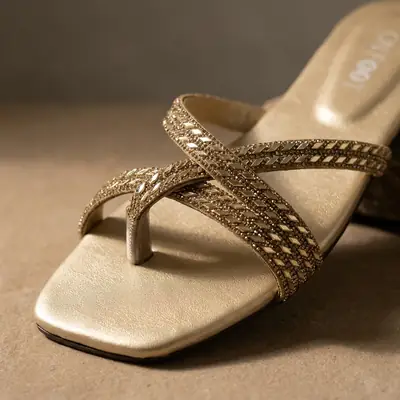 Crystal Cross Strap Flat Slides - 068 - Golden thumbnail 3