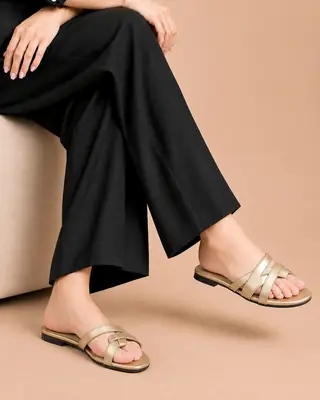 Metallic Cross Strap Slip-On Flat - 077 - Golden thumbnail 2