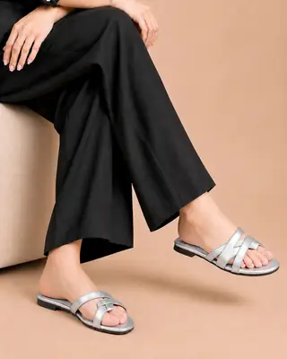 Metallic Cross Strap Slip-On Flat - 077 - Silver thumbnail 2
