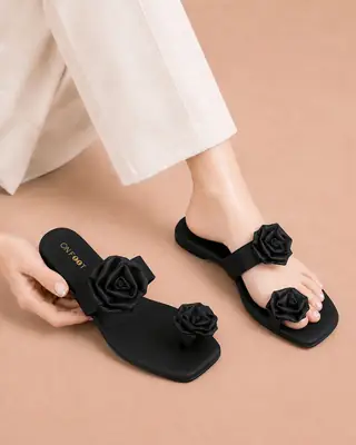Floral Toe Ring Flat - 078 - Black  thumbnail 2