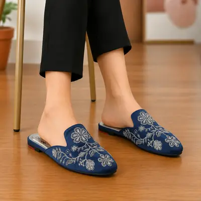 Elegant Floral Embroidered Backless Loafers - 071 - Blue  thumbnail 2