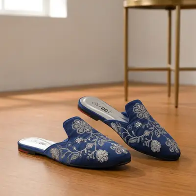 Elegant Floral Embroidered Backless Loafers - 071 - Blue  thumbnail 3