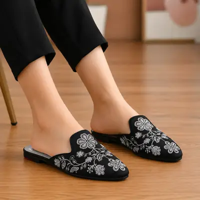 Elegant Floral Embroidered Backless Loafers - 071 - Black thumbnail 2