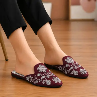 Elegant Floral Embroidered Backless Loafers - 071 - Maroon thumbnail 2