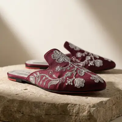 Elegant Floral Embroidered Backless Loafers - 071 - Maroon thumbnail 3