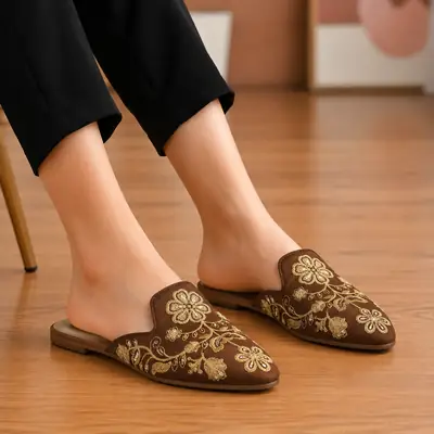 Elegant Floral Embroidered Backless Loafers - 071 - Mustard thumbnail 2