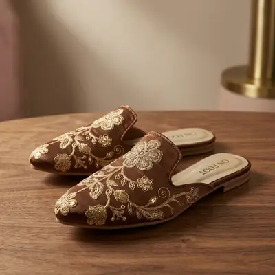 Elegant Floral Embroidered Backless Loafers - 071 - Mustard thumbnail 3
