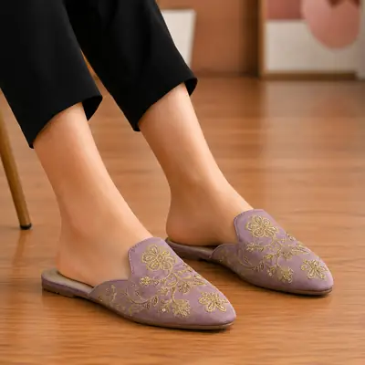 Elegant Floral Embroidered Backless Loafers - 071 - Pink thumbnail 2