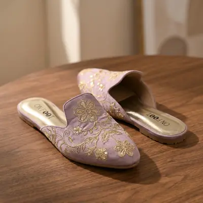 Elegant Floral Embroidered Backless Loafers - 071 - Pink thumbnail 3