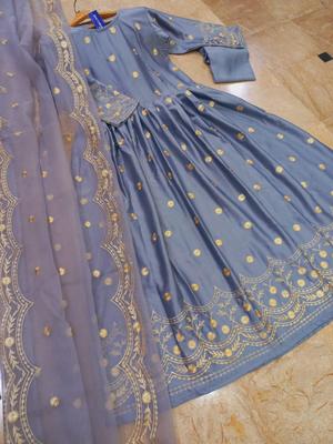 Blue Embroidered Shamoz Silk 3 Pcs Maxi Suit Medium thumbnail 3