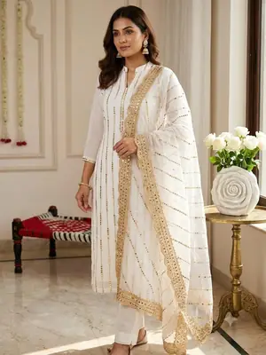 3 Pcs Women's Unstitched Sheesha Work Suit