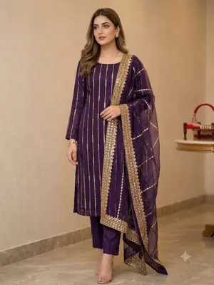 3 Pcs Women's Unstitched Sheesha Work Suit