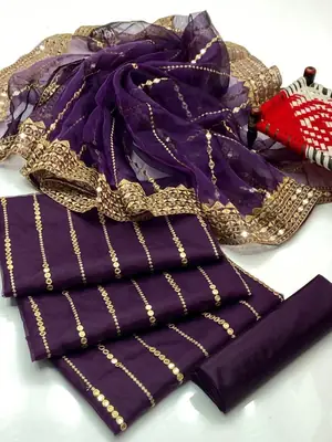 3 Pcs Women's Unstitched Sheesha Work Suit thumbnail 2