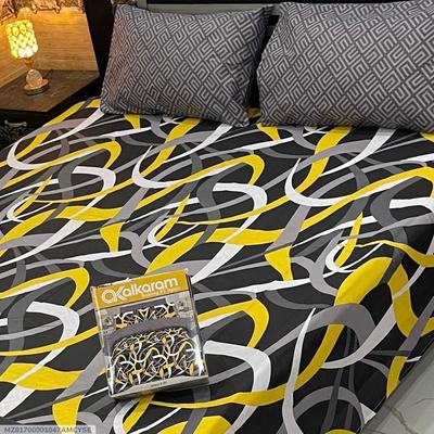Premium Cotton Salonica Printed Double Bedsheet Black Yellow White Gray Swirls thumbnail 2