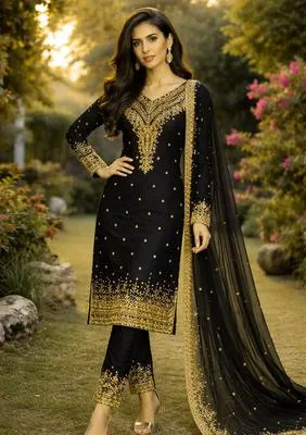 Black Embroidered Cotton Suit with Gold Border