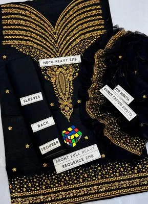 Black Embroidered Cotton Suit with Gold Border thumbnail 2