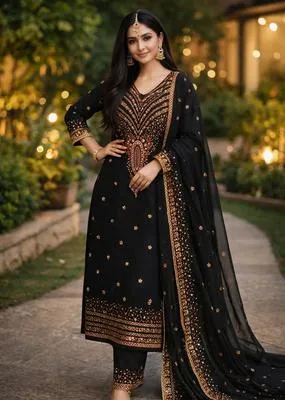 Black Embroidered Cotton Suit for Women