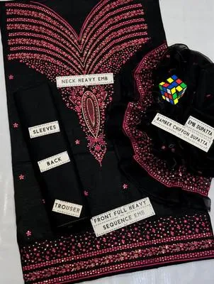 Black Embroidered Cotton Kurta Set with Dupatta thumbnail 2