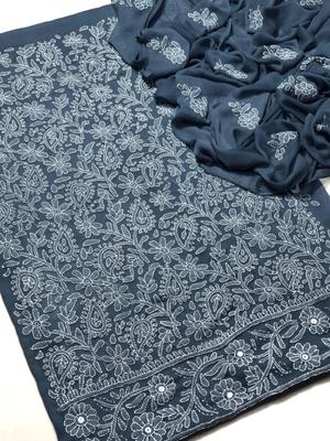 Women's Chikankari Chiffon Suit Blue Bakra Eid thumbnail 2