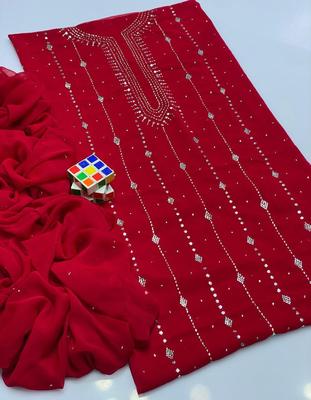 Red Chiffon Embroidered 2-Piece Suit for Women