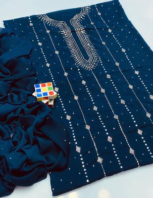 Blue Chiffon Embroidered 2-Piece Suit for Women