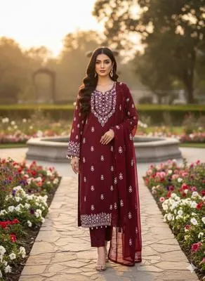 Maroon Chiffon Embroidered Suit for Women Wedding Party Wear thumbnail 2