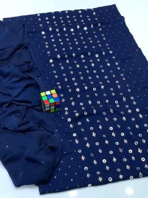 Deep Blue Chiffon Embroidered 2-Piece Suit for Weddings