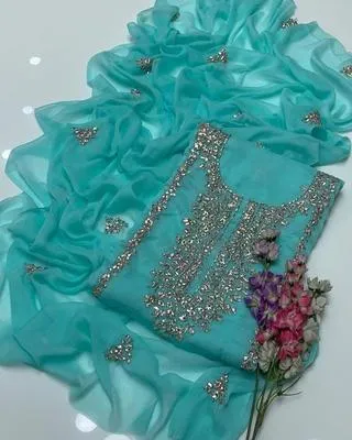 Unstitched Gota Work Chiffon Suit Turquoise for Weddings