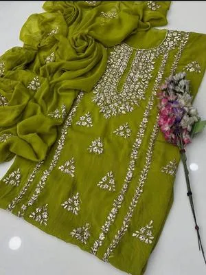 Green Chiffon Gota Work Suit for Women