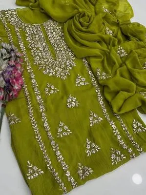 Green Chiffon Gota Work Suit for Women thumbnail 2