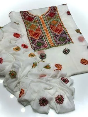 White Chiffon Handwork Suit for Women with Floral Embroidery