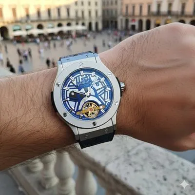 Hublot Blue Skeleton Dial Men's Watch Steel Blue Strap thumbnail 6