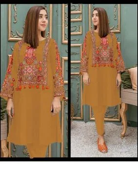 2 Pcs Women's Stitched Linen Embroidered Shirt And Trouser