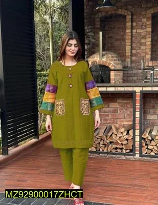 2 Pcs Women's Stitched Cotton Printed Shirt And Trouser thumbnail 3