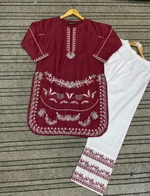 2 Pcs Women's Stitched Cotton Embroidered Co-Ord Set thumbnail 2