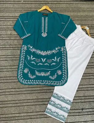 2 Pcs Women's Stitched Cotton Embroidered Co-Ord Set thumbnail 2