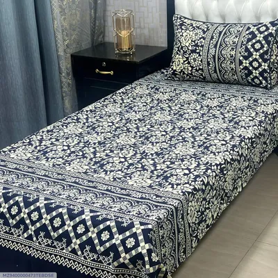 Blue Printed Crystal Cotton Single Bedsheet Set with Pillow Cover thumbnail 1