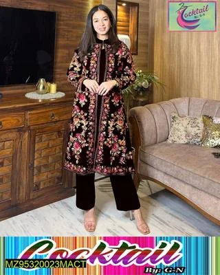 3 Pcs Women's Stitched Katan Silk Embroidered Gown Suit thumbnail 4