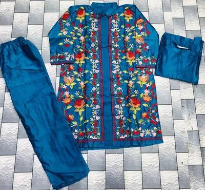 3 Pcs Women's Stitched Katan Silk Embroidered Gown Suit thumbnail 2