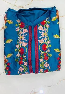 3 Pcs Women's Stitched Katan Silk Embroidered Gown Suit thumbnail 4