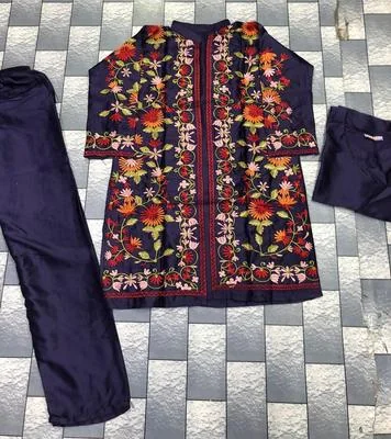 3 Pcs Women's Stitched Katan Silk Embroidered Gown Suit thumbnail 2