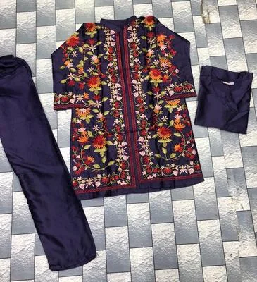 3 Pcs Women's Stitched Katan Silk Embroidered Gown Suit thumbnail 3