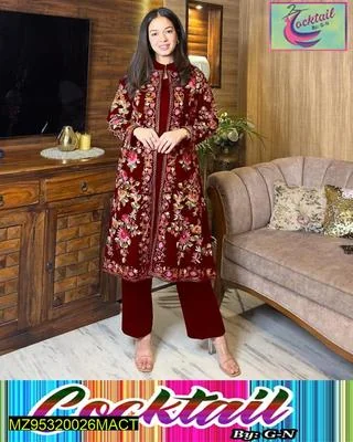 3 Pcs Women's Stitched Katan Silk Embroidered Gown Suit thumbnail 4