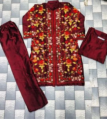 3 Pcs Women's Stitched Katan Silk Embroidered Gown Suit thumbnail 2