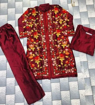 3 Pcs Women's Stitched Katan Silk Embroidered Gown Suit thumbnail 3