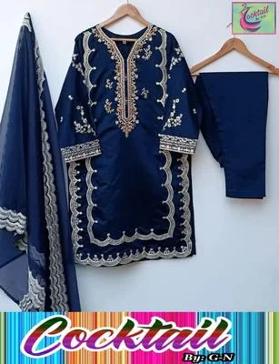 Embroidered Shalmose Silk Women's Stitched Suit with V-Neck and Dupatta in Blue