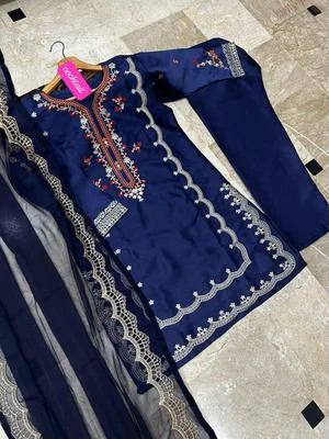 Embroidered Shalmose Silk Women's Stitched Suit with V-Neck and Dupatta in Blue thumbnail 2