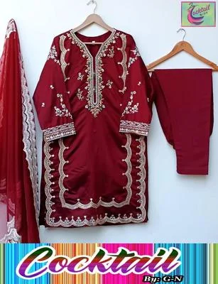 Embroidered Red Shalmose Silk Suit with V-Neck Design for Women